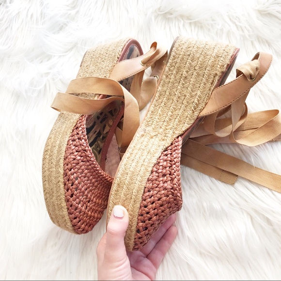 Sam Edelman Tie Up Straw Wedges Genuine Leather - Picture 5 of 9